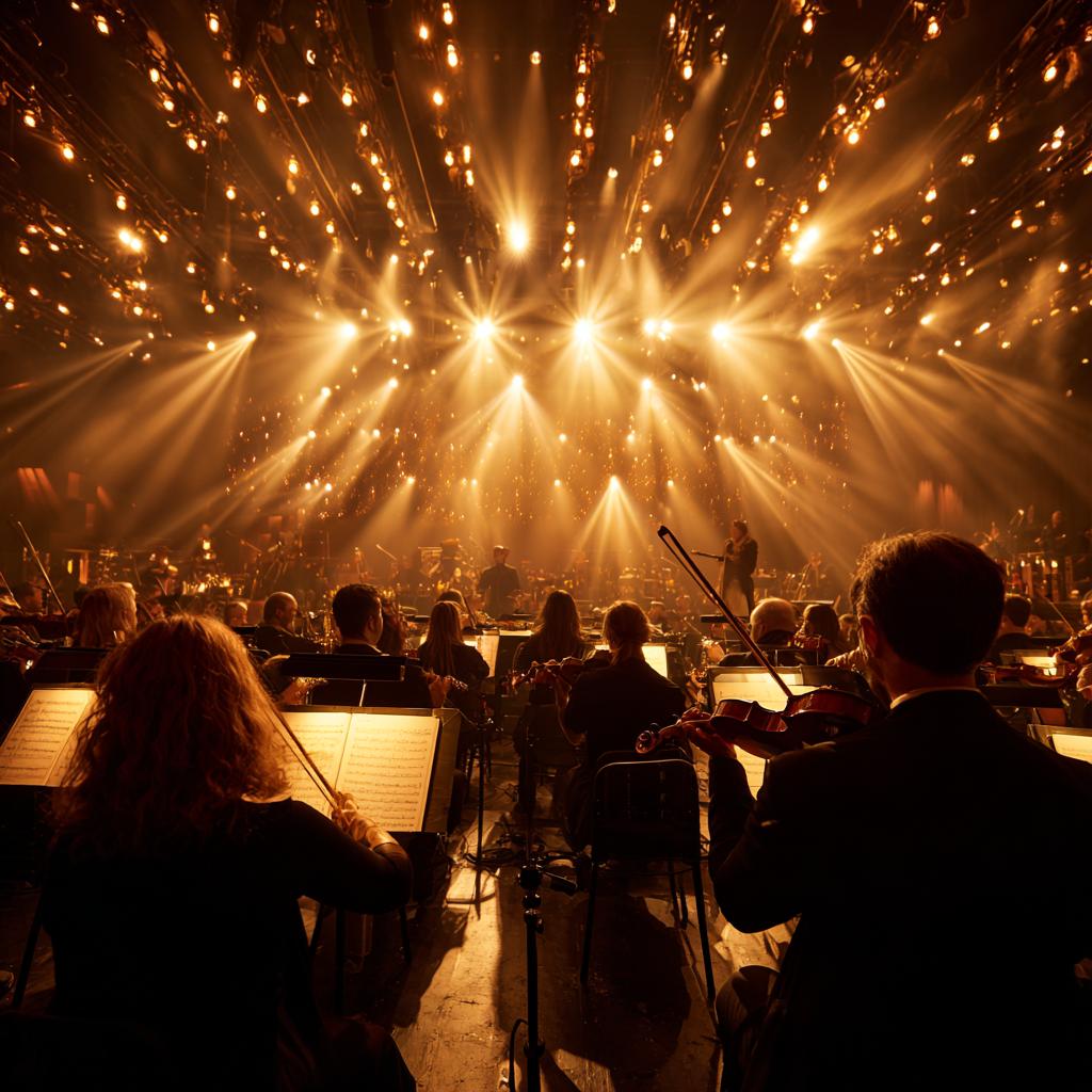 Orchestra performing under stage lights
